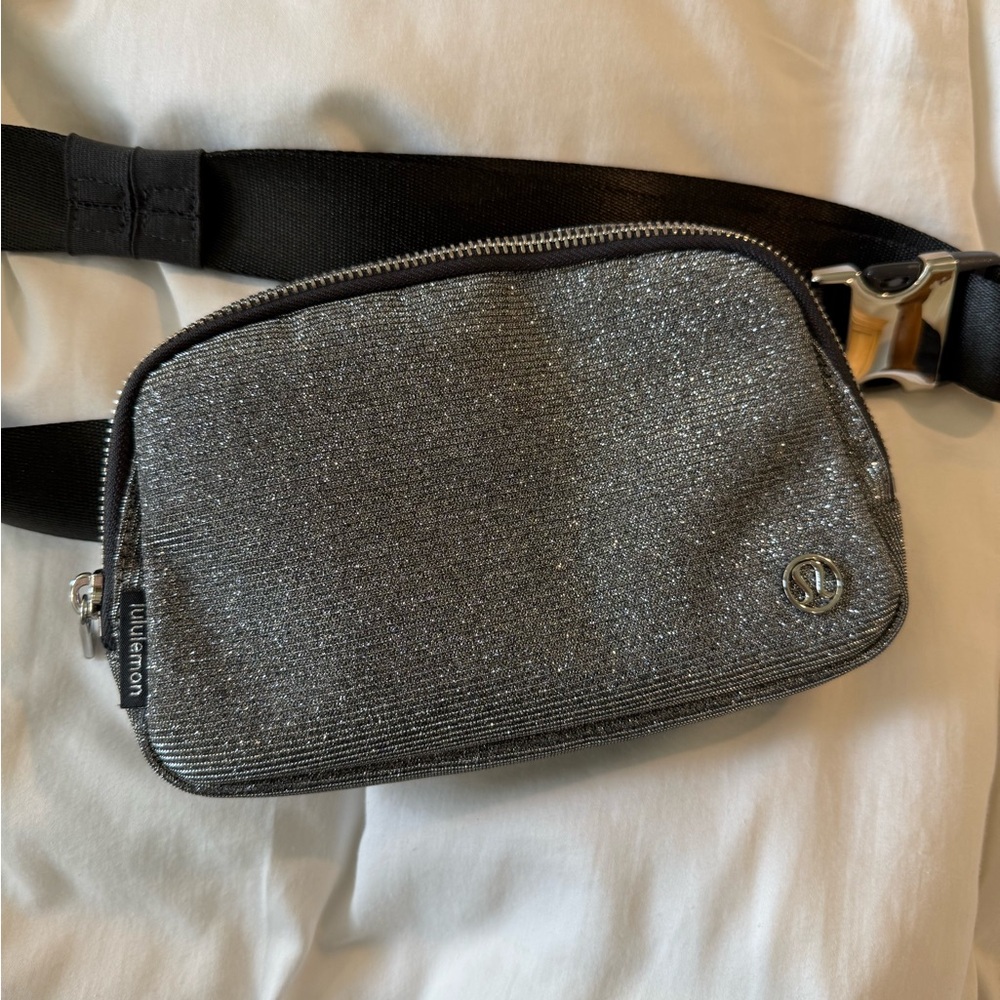lululemon Silver Sparkle Waist Bag with Black Strap